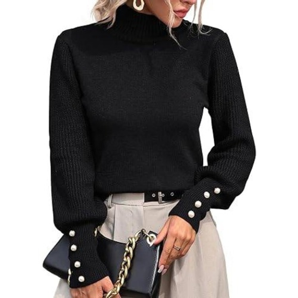 Upopby Womens Mock Neck Balloon Sleeve Pearl Button Cuff Knit Sweater Black L